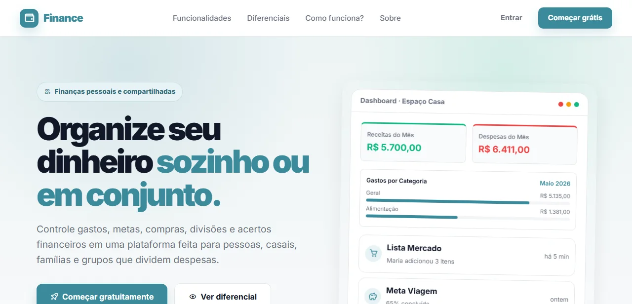 Página inicial do Finance